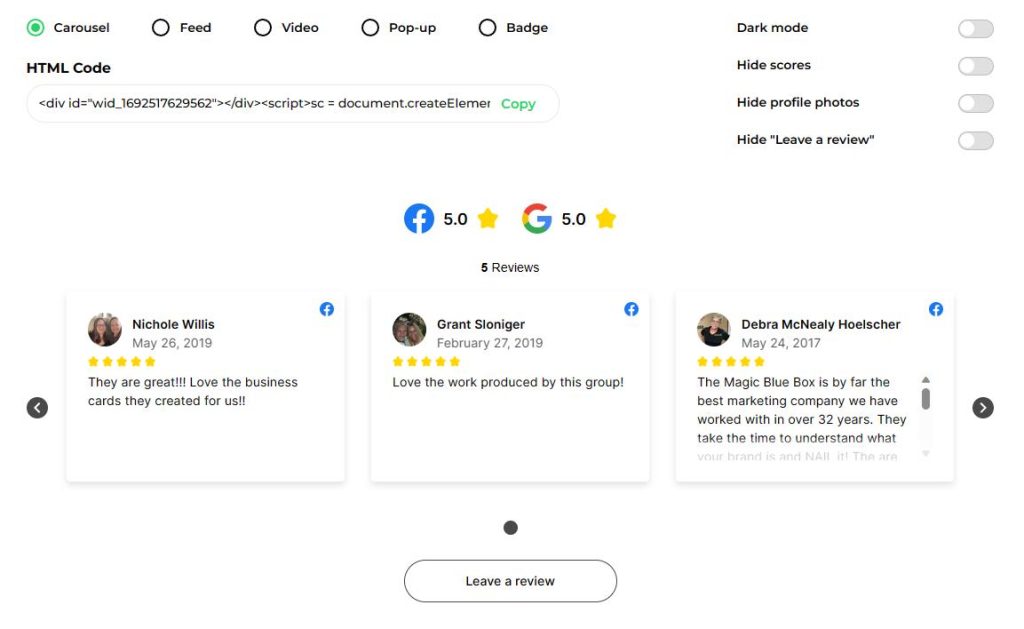 Screenshot of the built-in website widget. This widget makes it easy to add reviews to your website. The widget options include displaying a coursel, feed, video, pop-up, or badge showing your overall review score.